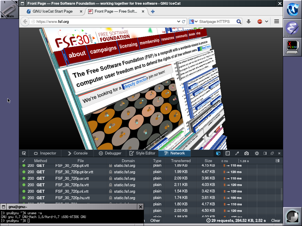 GNU IceCat (with GTK+ 3) Playing a WebM Video in a 3D Debugger